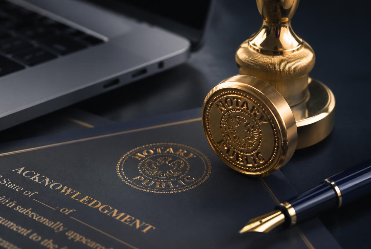 Gold notary seal and embosser resting on a notarized acknowledgment document beside a fountain pen and laptop